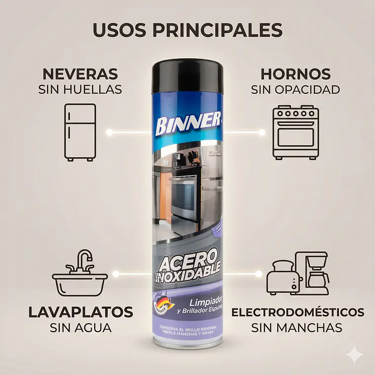 Limpiador y Brillador Binner Acero Inoxidable Espuma 400ml 3