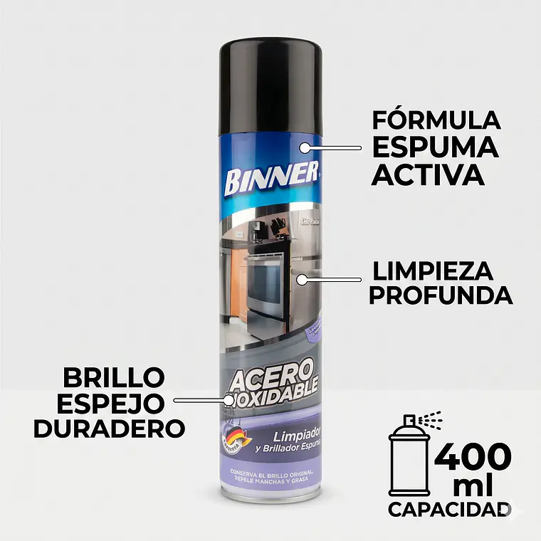 Limpiador y Brillador Binner Acero Inoxidable Espuma 400ml 4