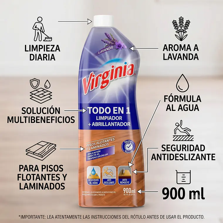 Limpiador + Abrillantador para Piso Flotante Virginia 900 ml 4