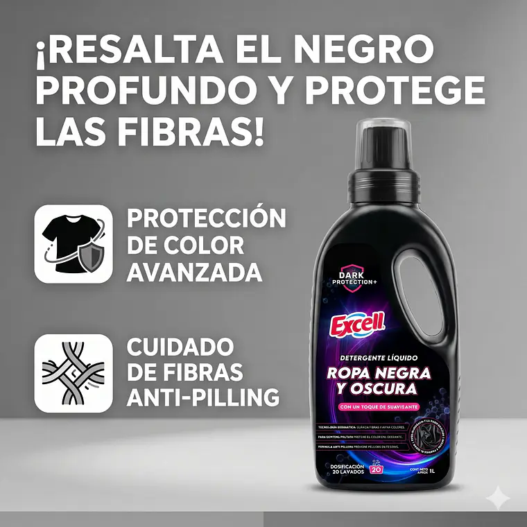 Detergente Liquido Ropa Negra Oscura Excell 1L 20 Lav 2