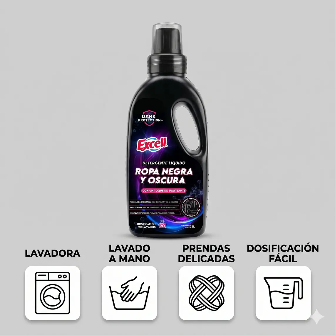 Detergente Liquido Ropa Negra Oscura Excell 1L 20 Lav 3
