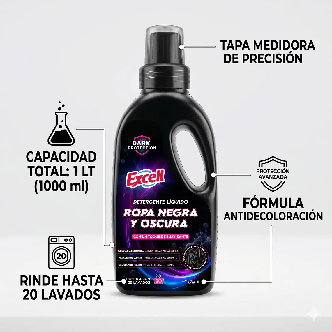 Detergente Liquido Ropa Negra Oscura Excell 1L 20 Lav 4