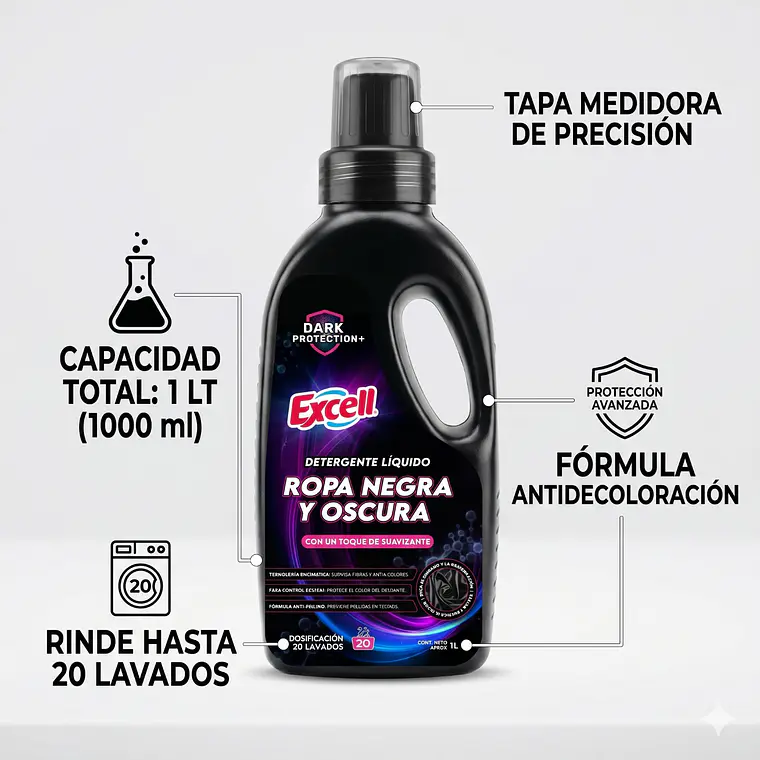 Detergente Liquido Ropa Negra Oscura Excell 1L 20 Lav 4