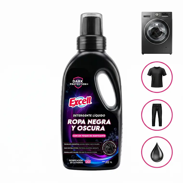 Detergente Liquido Ropa Negra Oscura Excell 1L 20 Lav 5