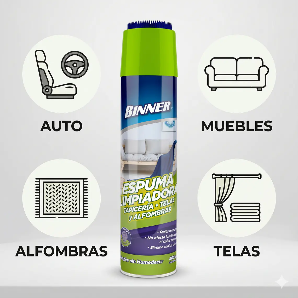 Limpiador Tapicería Telas Alfombras Binner Espuma 400ml 3