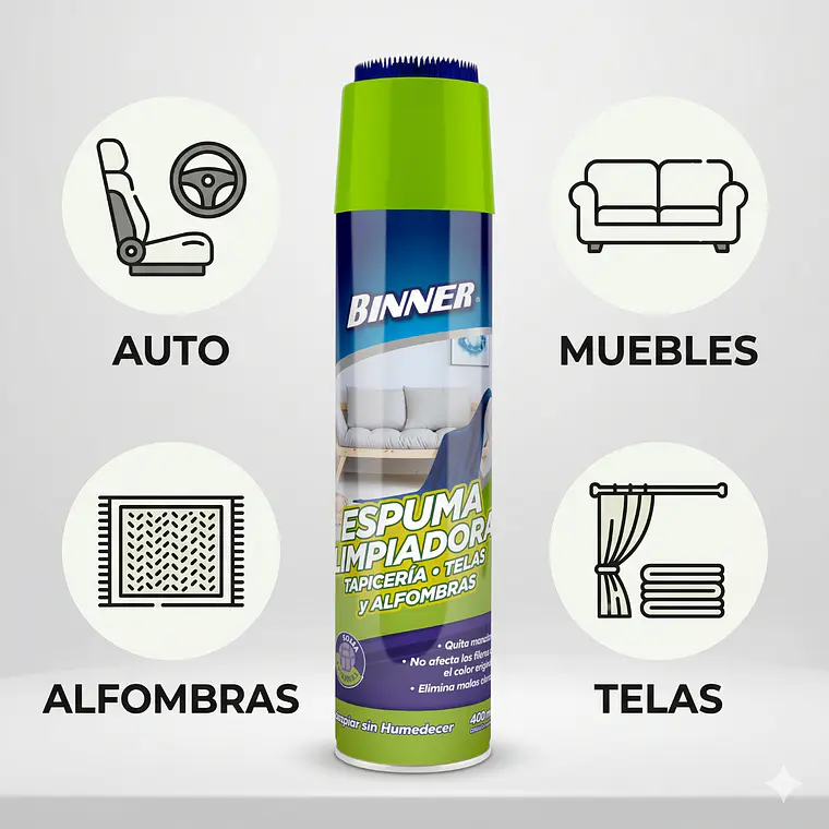 Limpiador Tapicería Telas Alfombras Binner Espuma 400ml 3