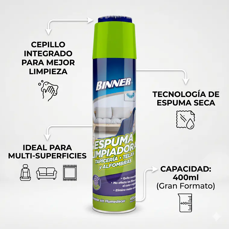 Limpiador Tapicería Telas Alfombras Binner Espuma 400ml 4