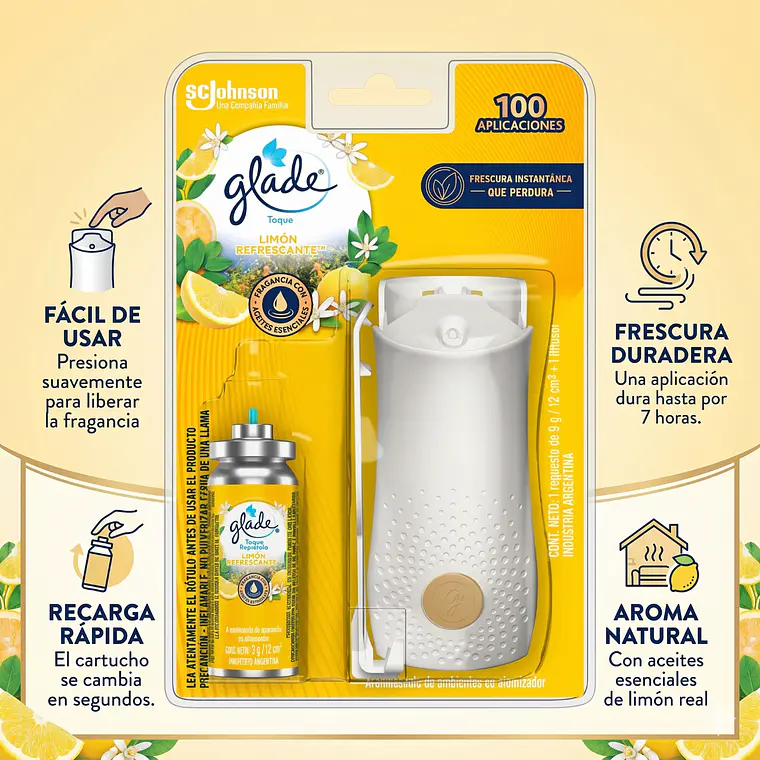 Glade Toque Aparato + Repuesto 9g Aroma Limón Refrescante 3