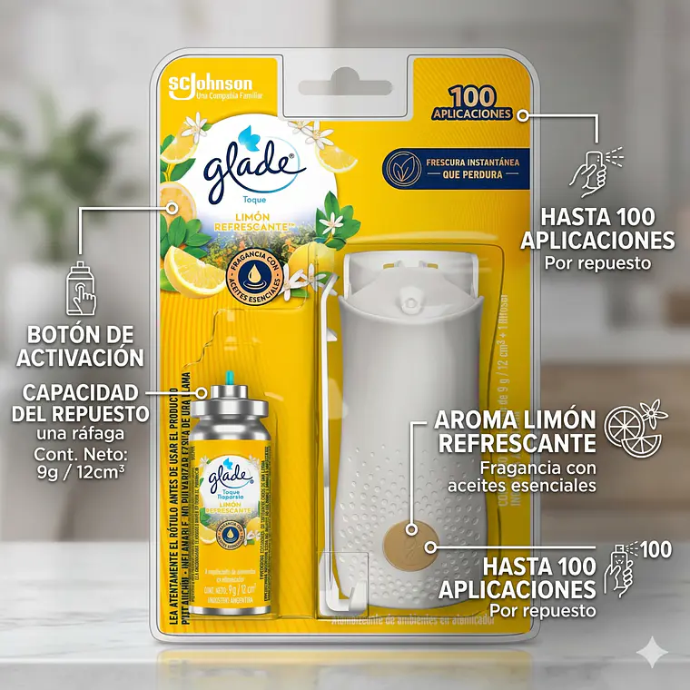 Glade Toque Aparato + Repuesto 9g Aroma Limón Refrescante 4