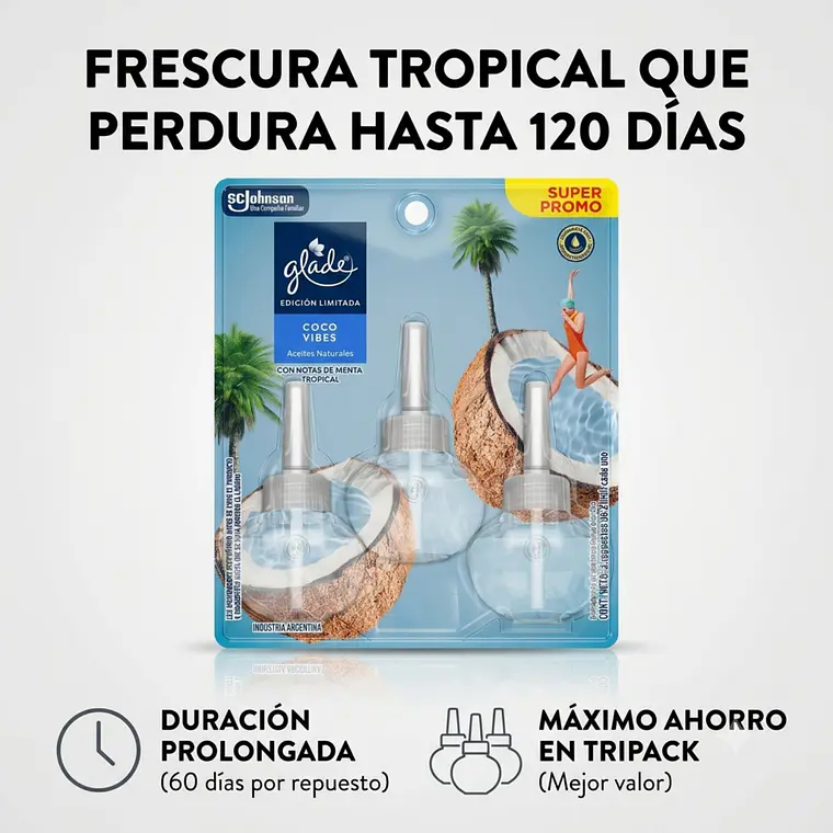 Glade Repuesto Aceites Naturales Coco Vibes 3 Unid 21ml 2