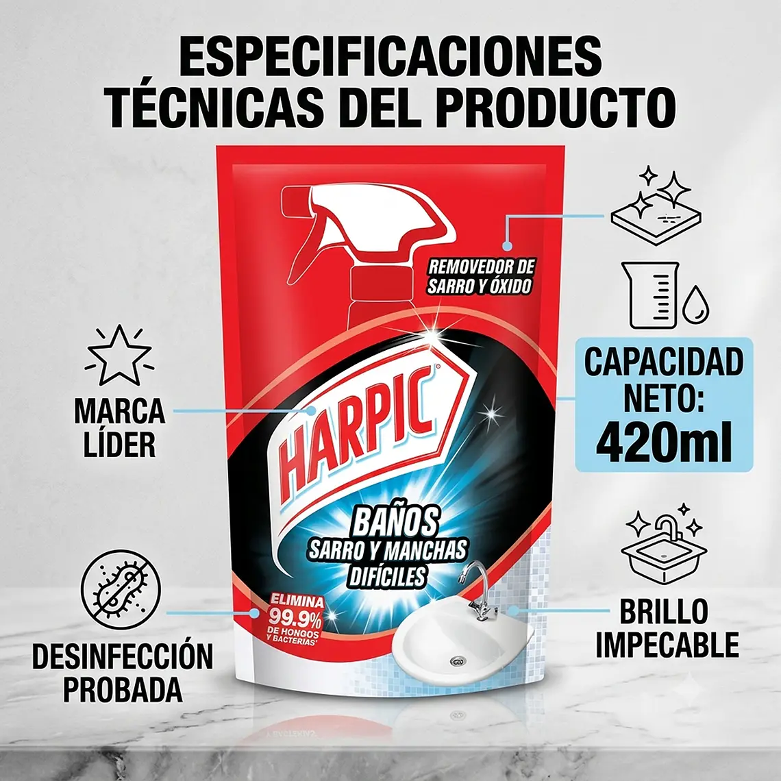 Recarga Harpic Baño Sarro y Manchas Difíciles 420ml 3