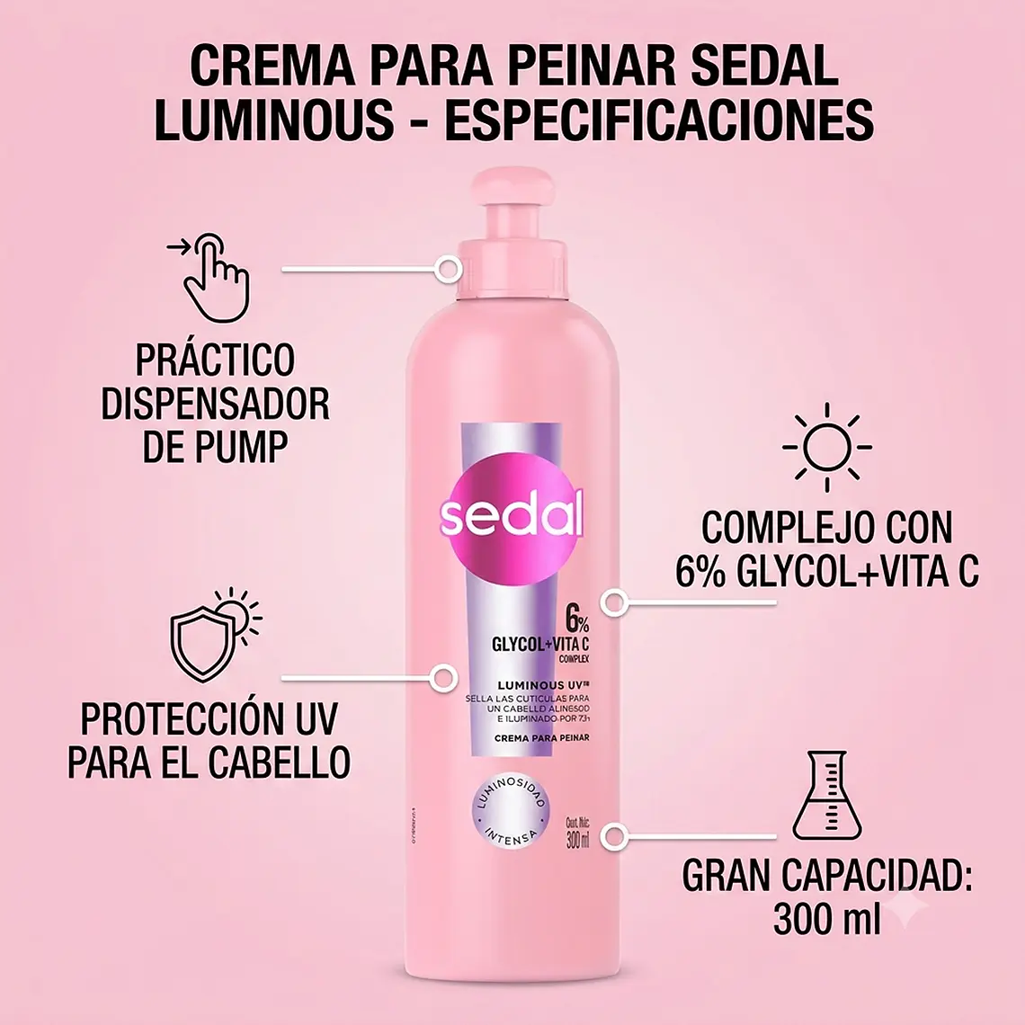 Crema Peinar Luminous Sedal 300ml Glycol Vitamina C Brillo 4