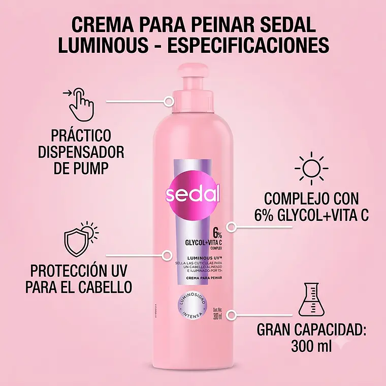 Crema Peinar Luminous Sedal 300ml Glycol Vitamina C Brillo 4