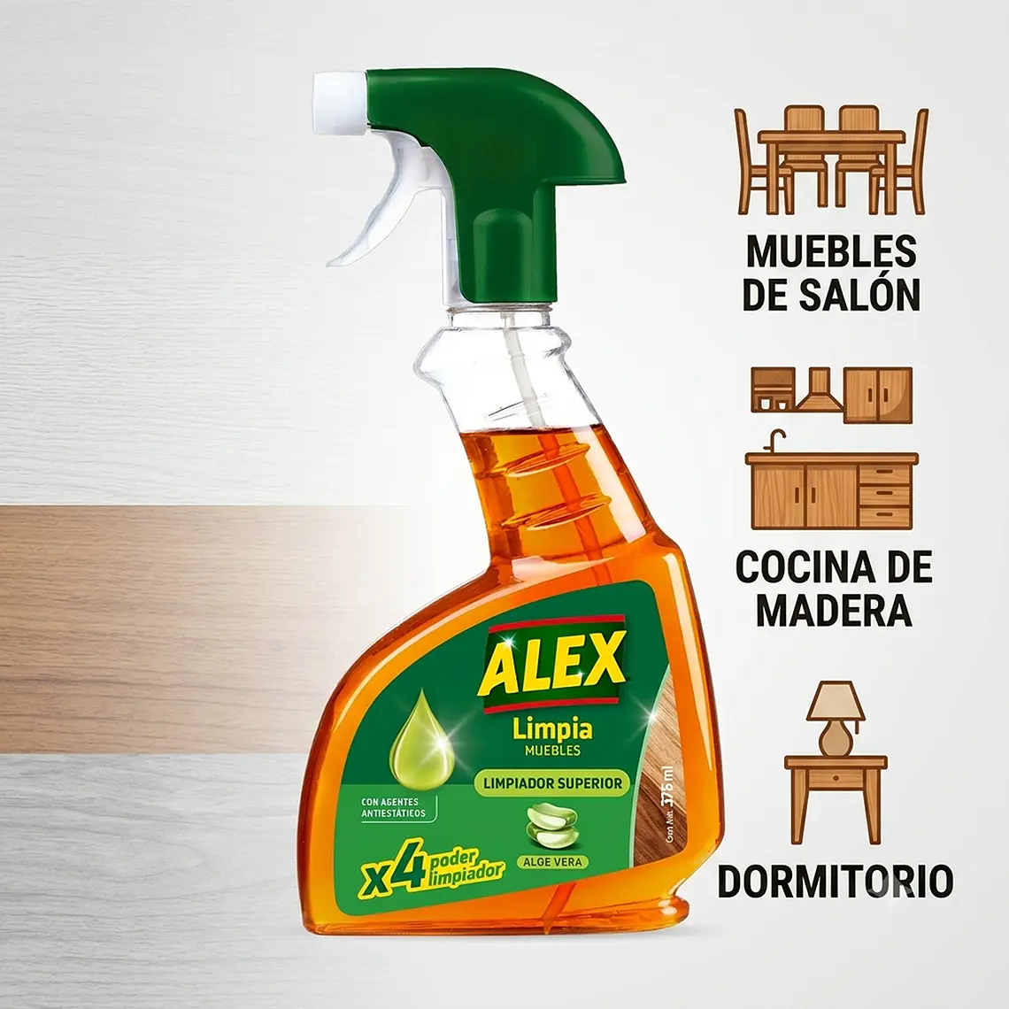 Limpiador Muebles Gatillo Alex Aloe Vera 375ml Sin Rastros 4