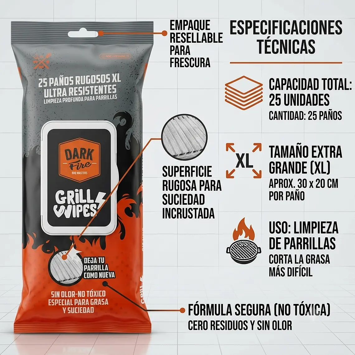 Paños Limpieza Parrilla Dark Fire Grill Wipes XL 25 Und 6