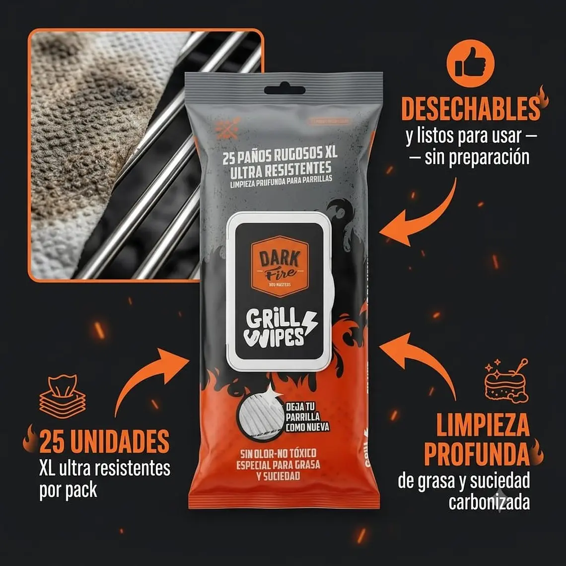 Pack Limpieza Parrilla Dark Fire 500ml Mas 25 Paños XL BBQ 3