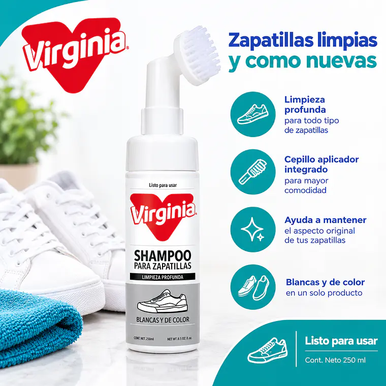 Shampoo Zapatillas Virginia Espuma 150ml Con Cepillo 3