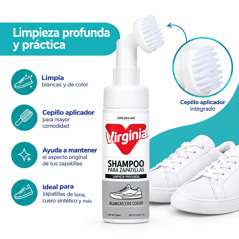 Shampoo Zapatillas Virginia Espuma 150ml Con Cepillo 4