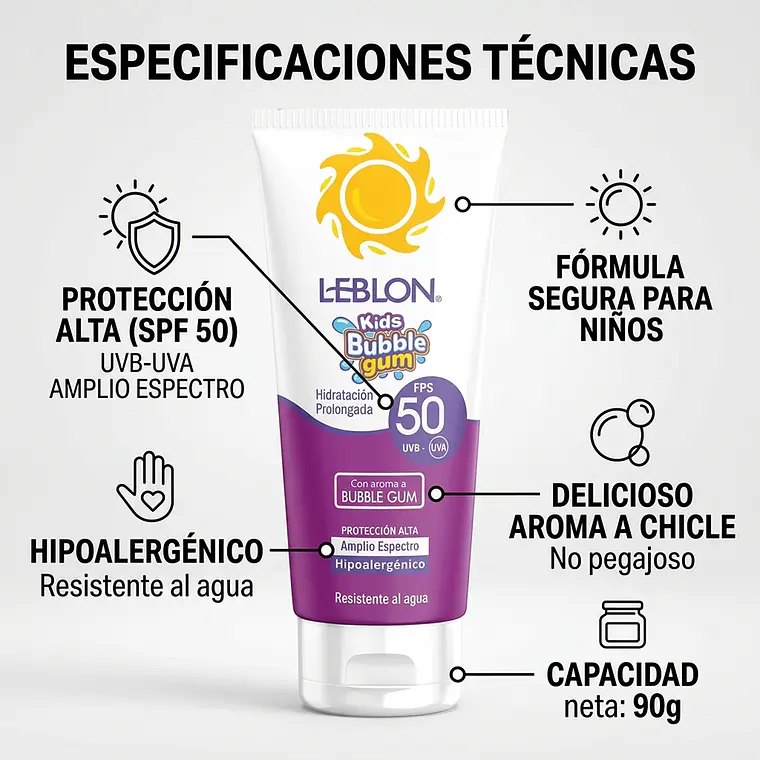 Protector Solar Leblon Kids Bubble Gum FPS50 90g 3