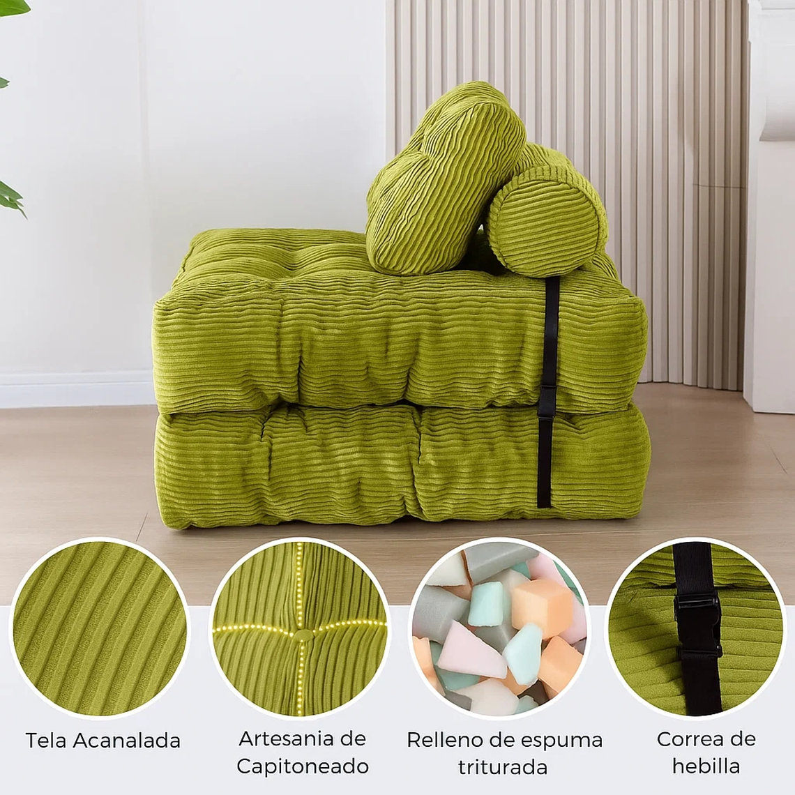 Silla Sofá Cama 155x81cm Puff Plegable Acolchada Hogar Verde 3