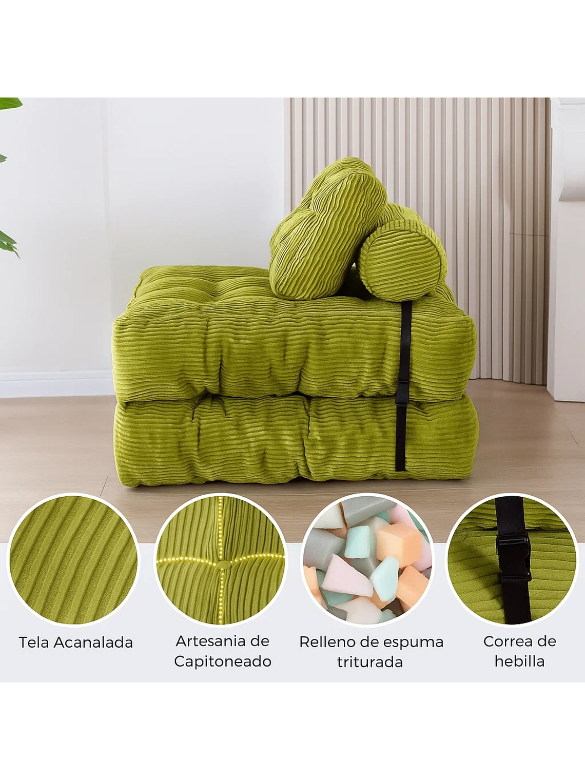 Silla Sofá Cama 190x85cm Puff Plegable Acolchada Hogar Verde 3