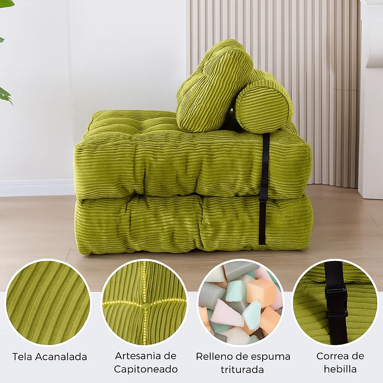 Silla Sofá Cama 155x81cm Puff Plegable Acolchada Hogar Verde 3