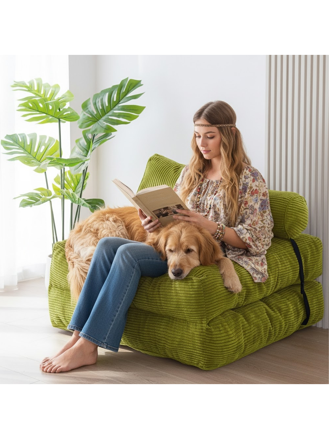 Silla Sofá Cama 190x85cm Puff Plegable Acolchada Hogar Verde 4