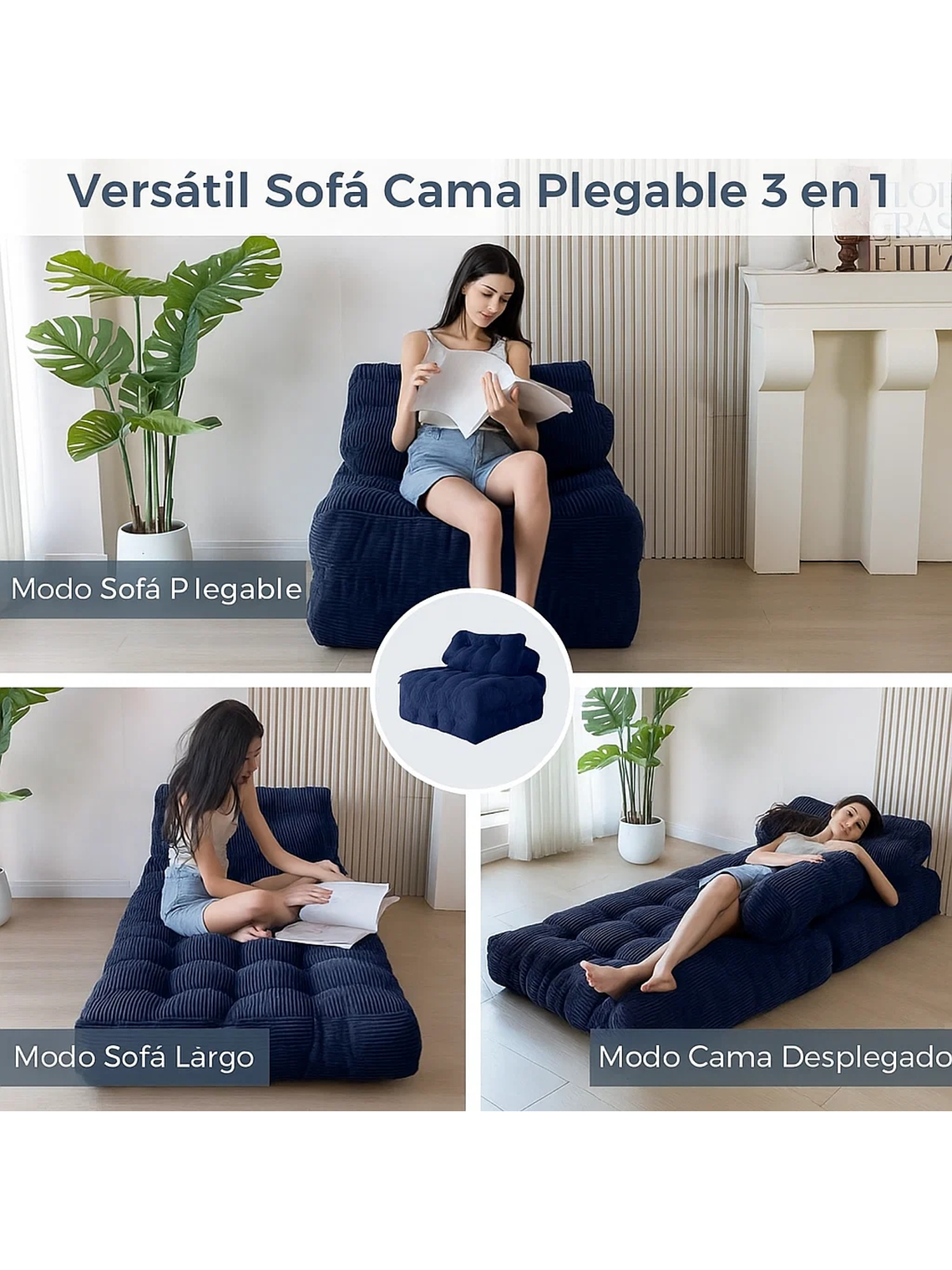 Silla Sofá Cama 190x85cm Puff Plegable Acolchada Hogar Azul 3