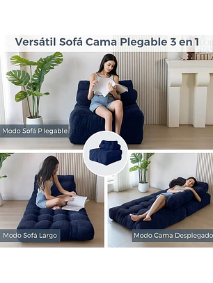 Silla Sofá Cama 187x85cm Puff Plegable Acolchada Hogar Azul