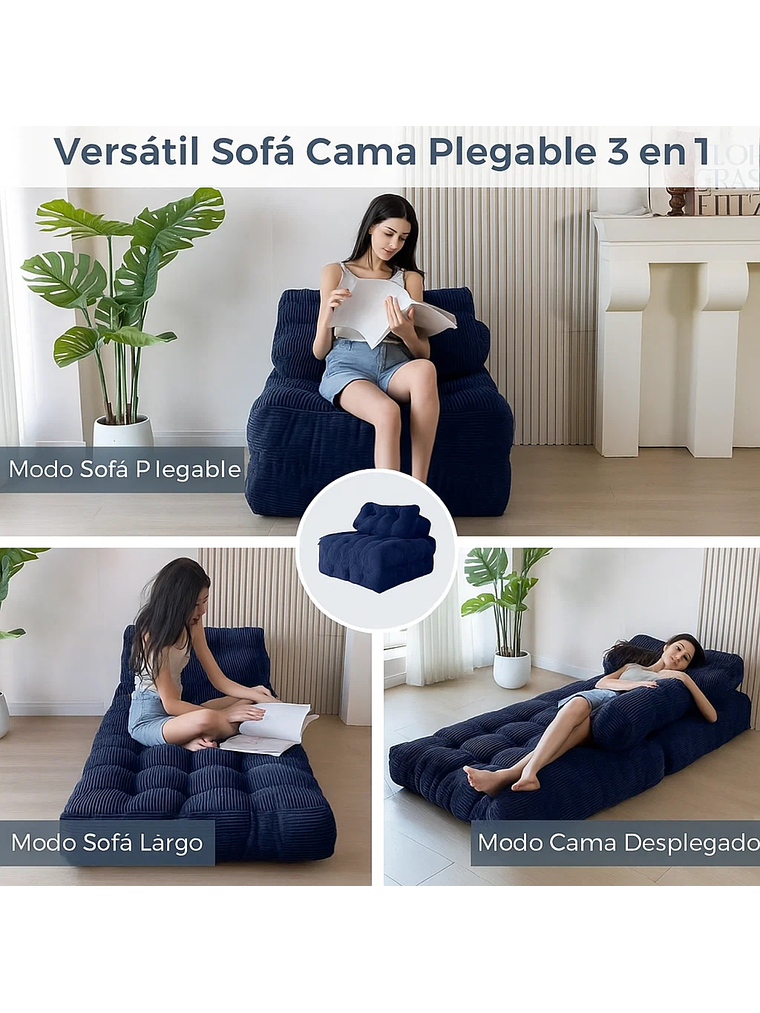 Silla Sofá Cama 190x85cm Puff Plegable Acolchada Hogar Azul 3