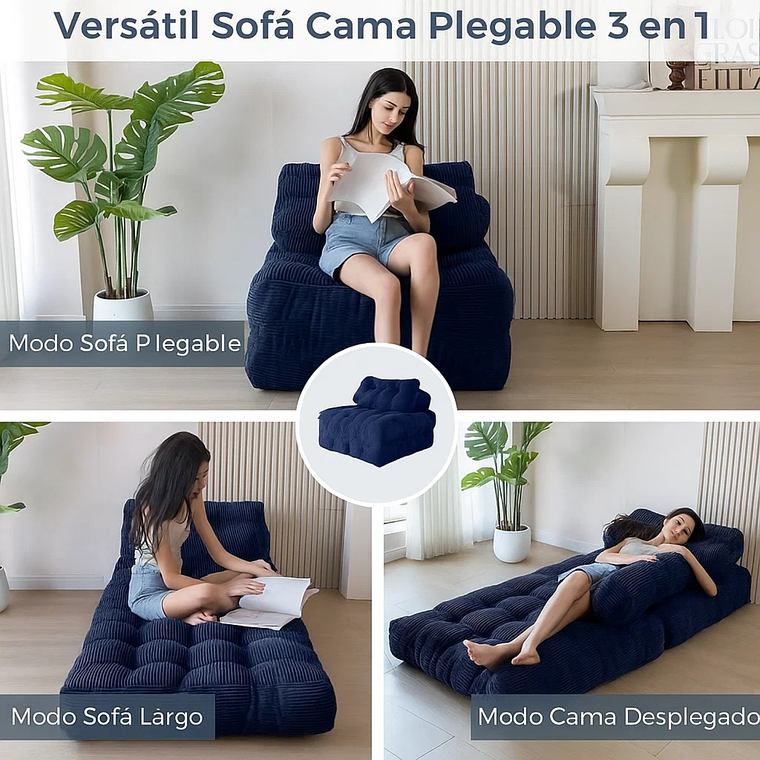 Silla Sofá Cama 155x81cm Puff Plegable Acolchada Hogar Azul 3