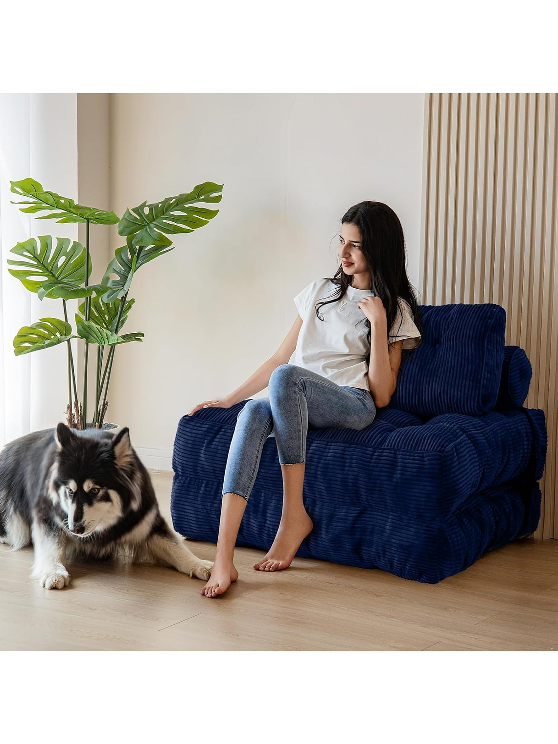 Silla Sofá Cama 190x85cm Puff Plegable Acolchada Hogar Azul 4