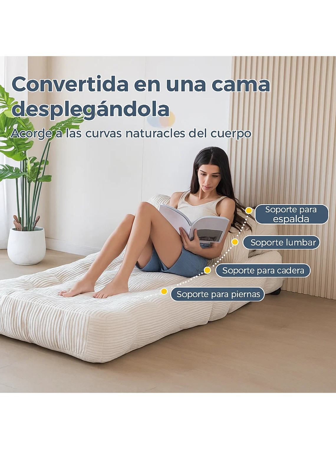 Silla Sofá Cama 190x85cm Puff Plegable Acolchada Hogar Beige 3