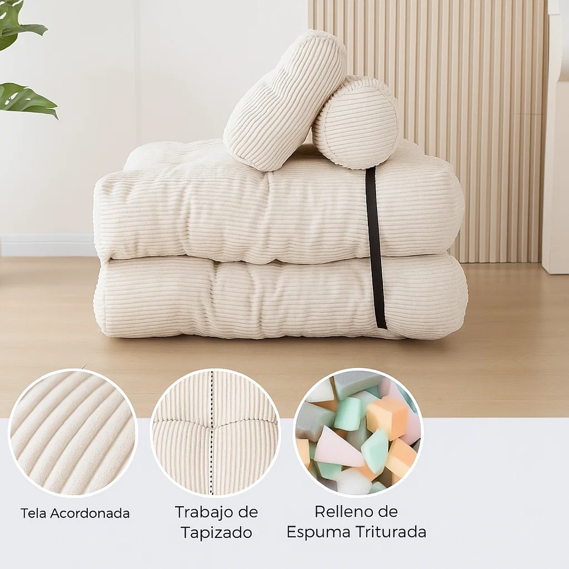 Silla Sofá Cama 155x81cm Puff Plegable Acolchada Hogar Beige 5