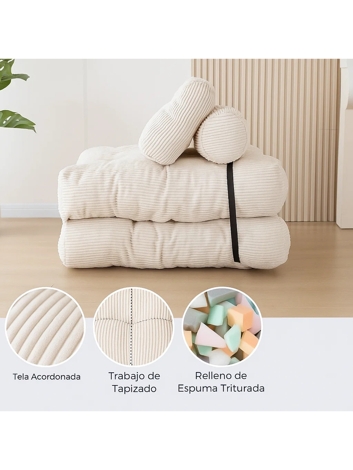 Silla Sofá Cama 190x85cm Puff Plegable Acolchada Hogar Beige 5