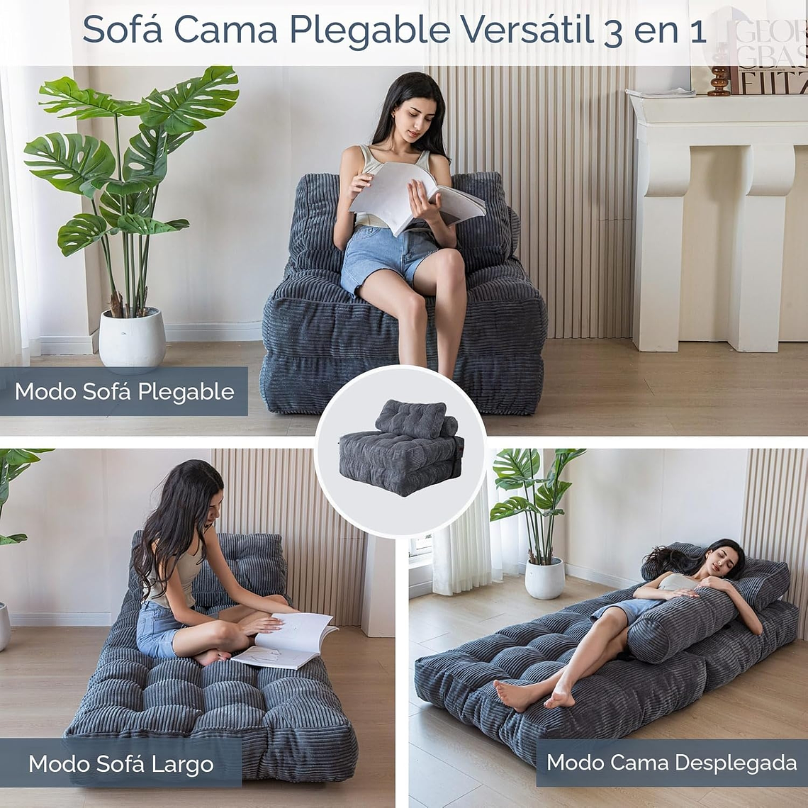 Silla Sofá Cama 155x81cm Puff Plegable Acolchada Hogar Gris 3