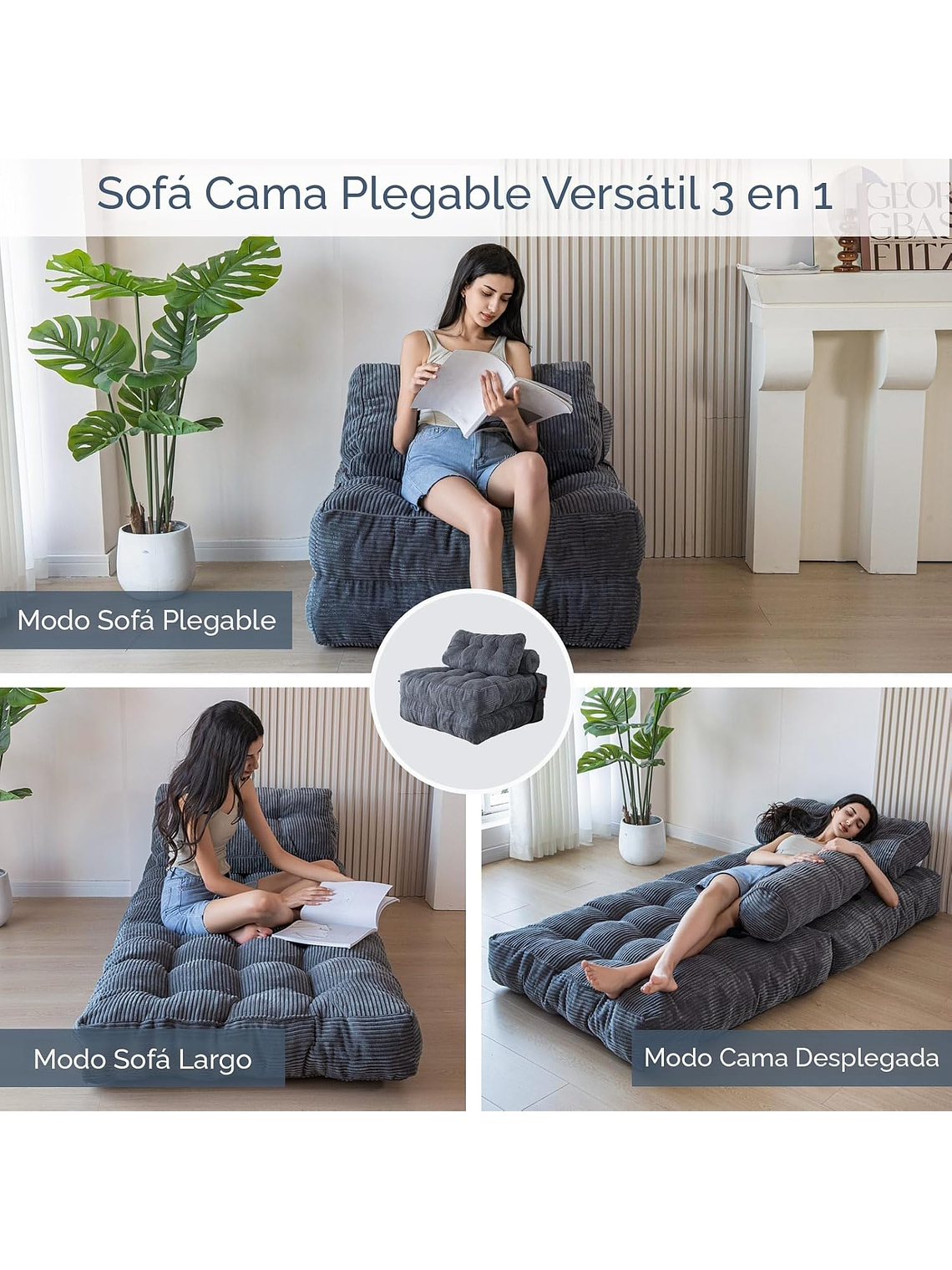 Silla Sofá Cama 190x85cm Puff Plegable Acolchada Hogar Gris 3