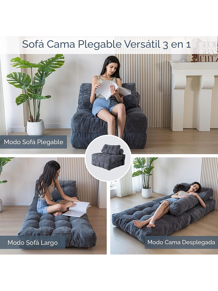 Silla Sofá Cama 190x85cm Puff Plegable Acolchada Hogar Gris 3