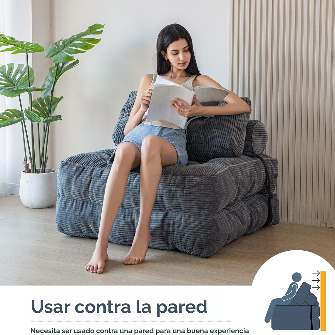 Silla Sofá Cama 155x81cm Puff Plegable Acolchada Hogar Gris 4
