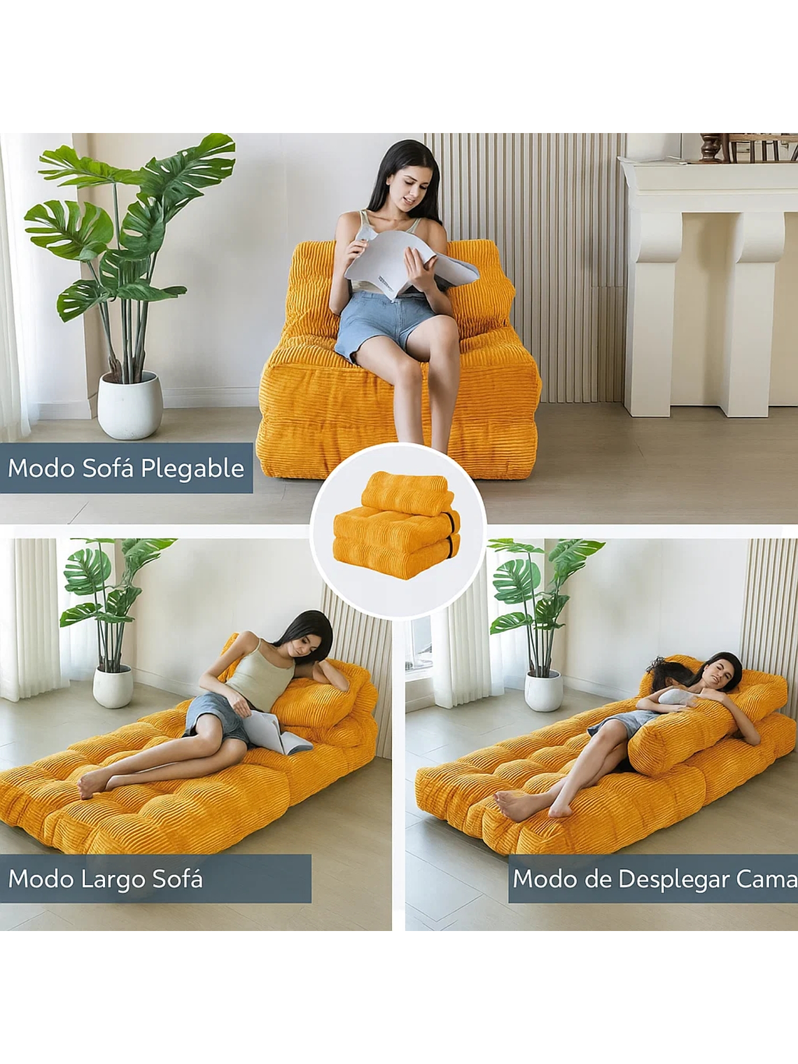 Silla Sofá Cama 190x85cm Puff Plegable Acolchada Hogar Naranja 4