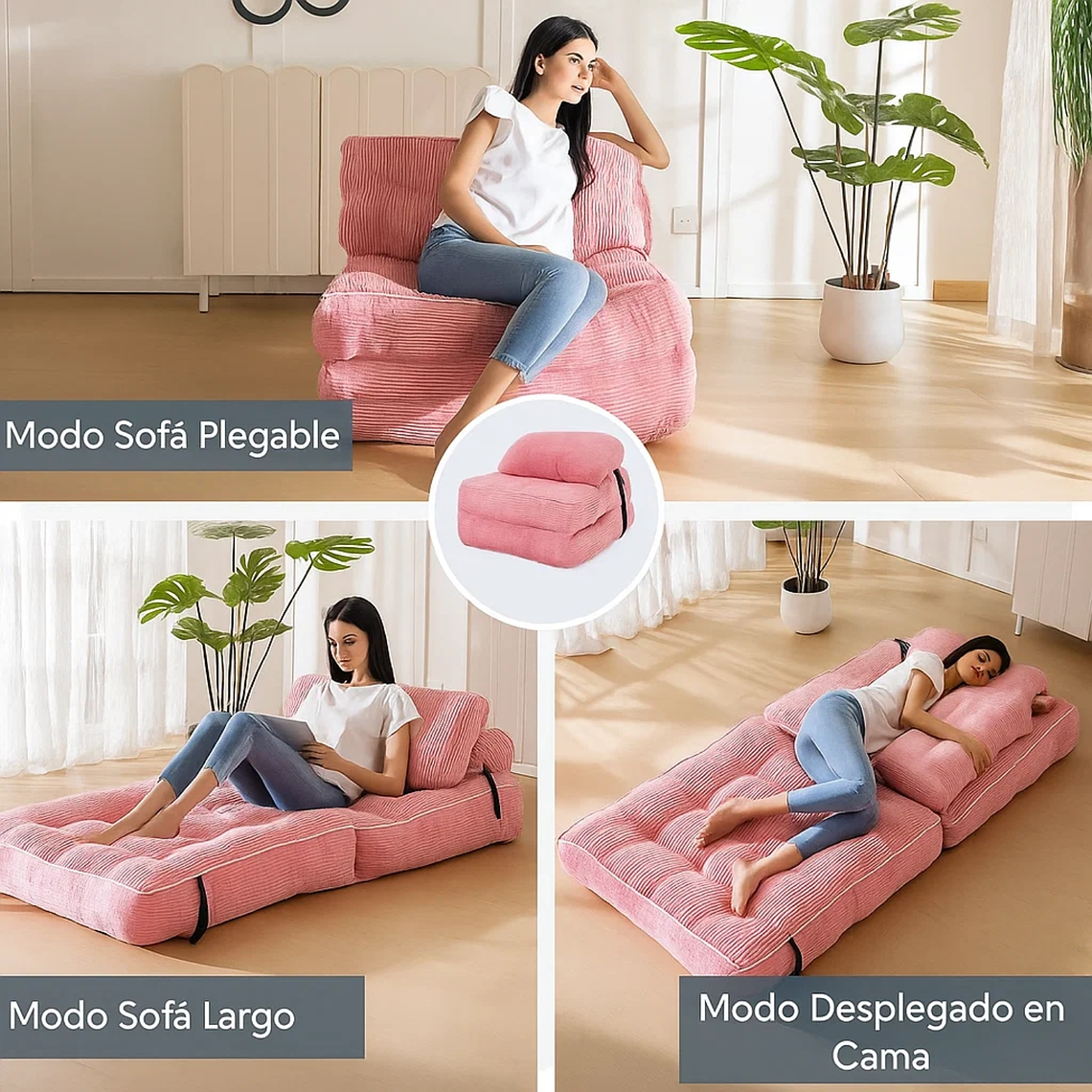 Silla Sofá Cama 155x81cm Puff Plegable Acolchada Hogar Rosa 4