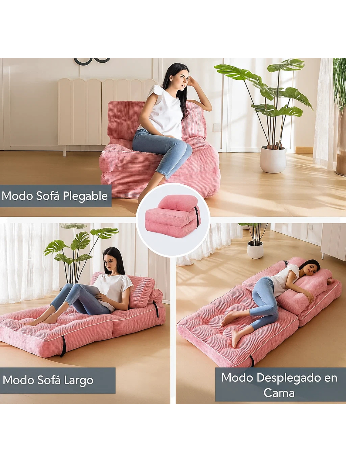 Silla Sofá Cama 190x85cm Puff Plegable Acolchada Hogar Rosa 4