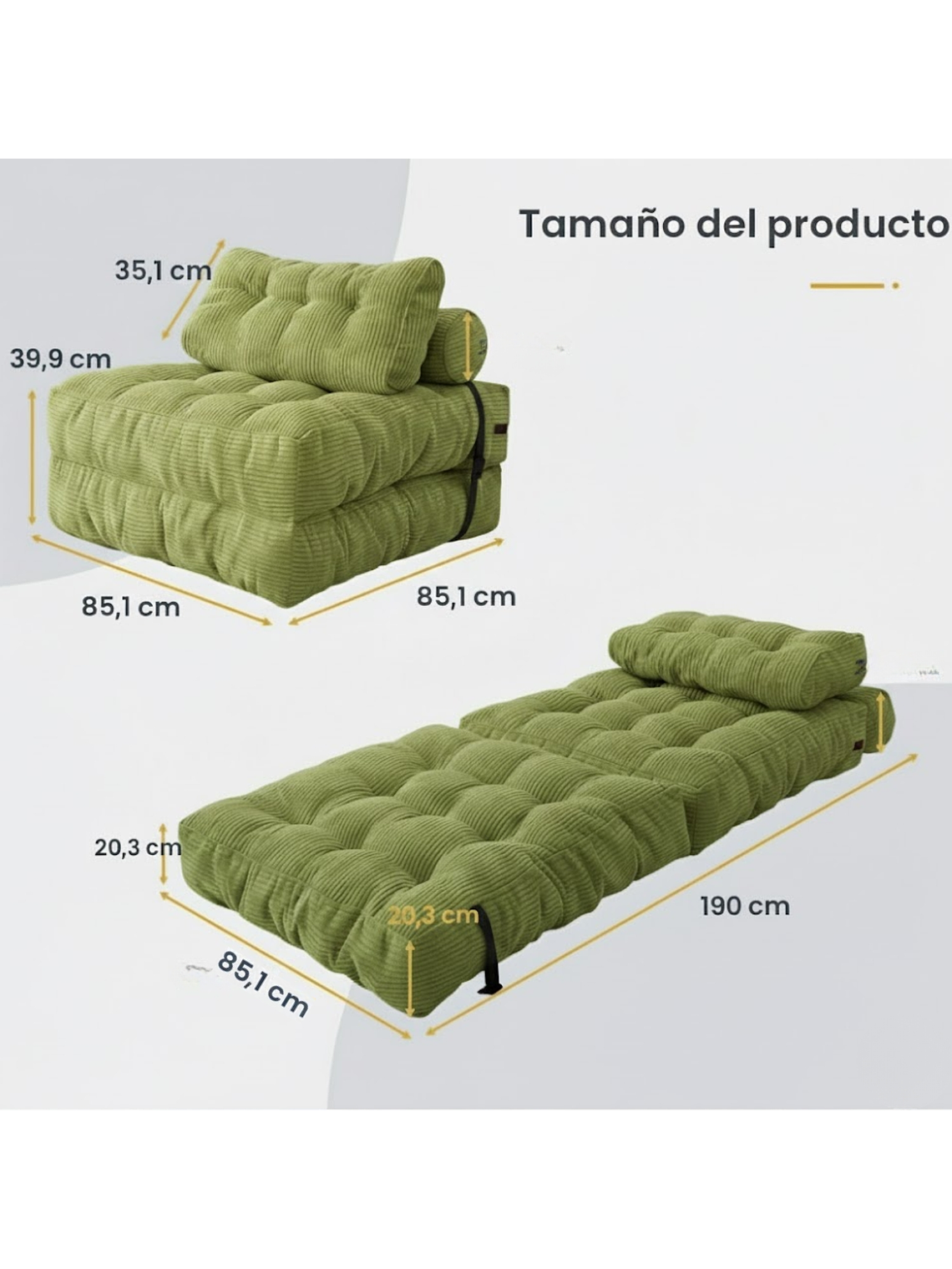 Silla Sofá Cama 190x85cm Puff Plegable Acolchada Hogar Verde 2