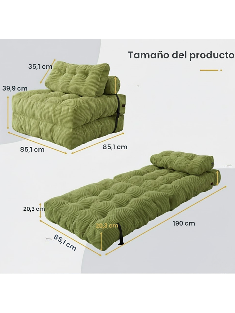 Silla Sofá Cama 190x85cm Puff Plegable Acolchada Hogar Verde 2