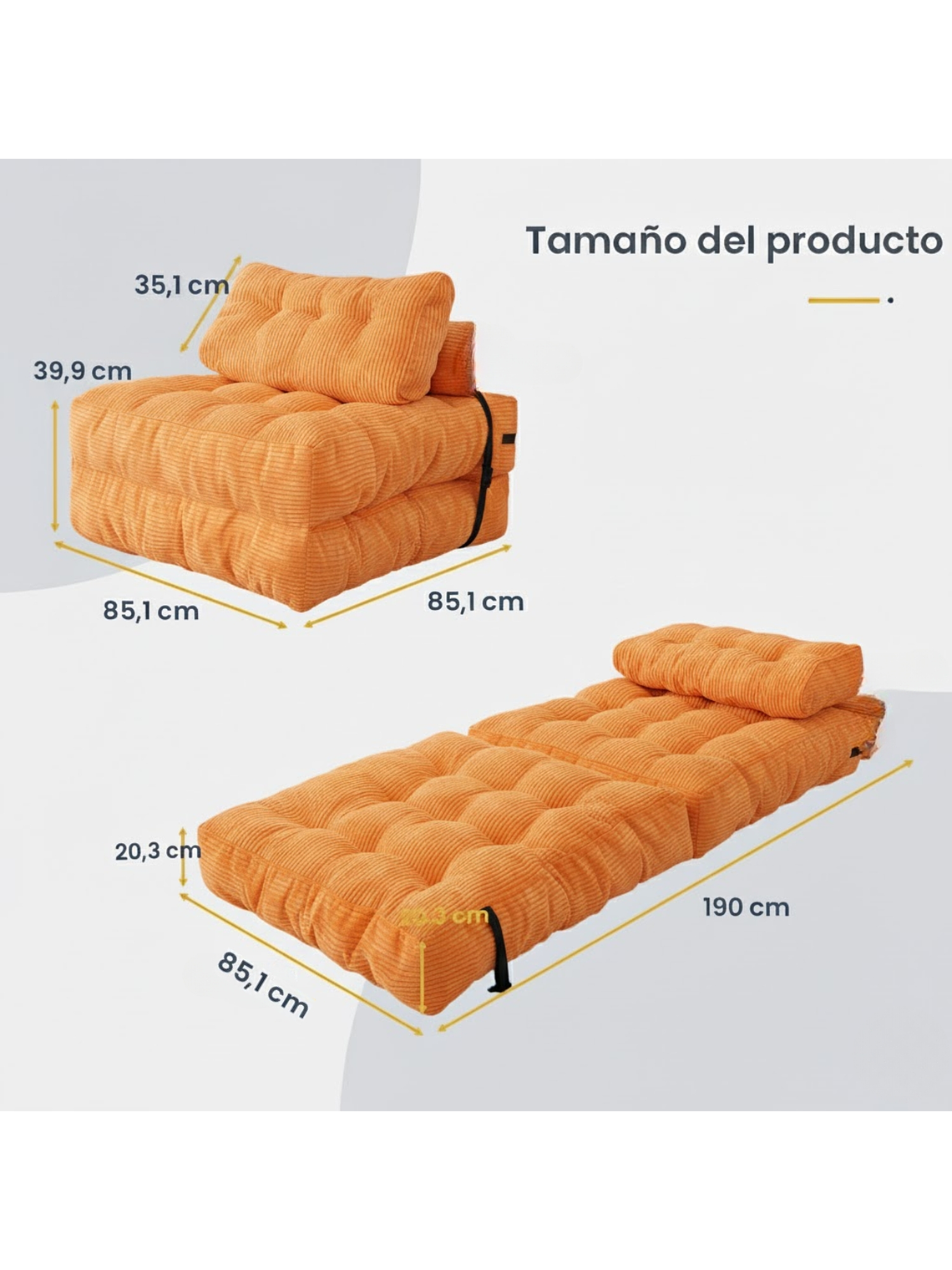 Silla Sofá Cama 190x85cm Puff Plegable Acolchada Hogar Naranja 2