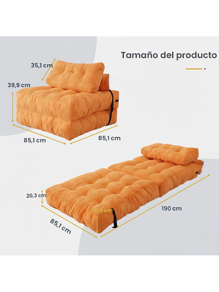 Silla Sofá Cama 190x85cm Puff Plegable Acolchada Hogar Naranja 2
