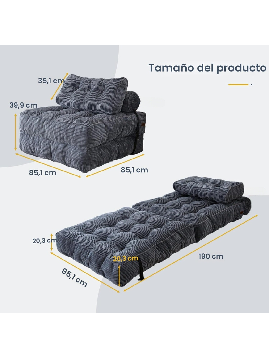 Silla Sofá Cama 190x85cm Puff Plegable Acolchada Hogar Gris 2