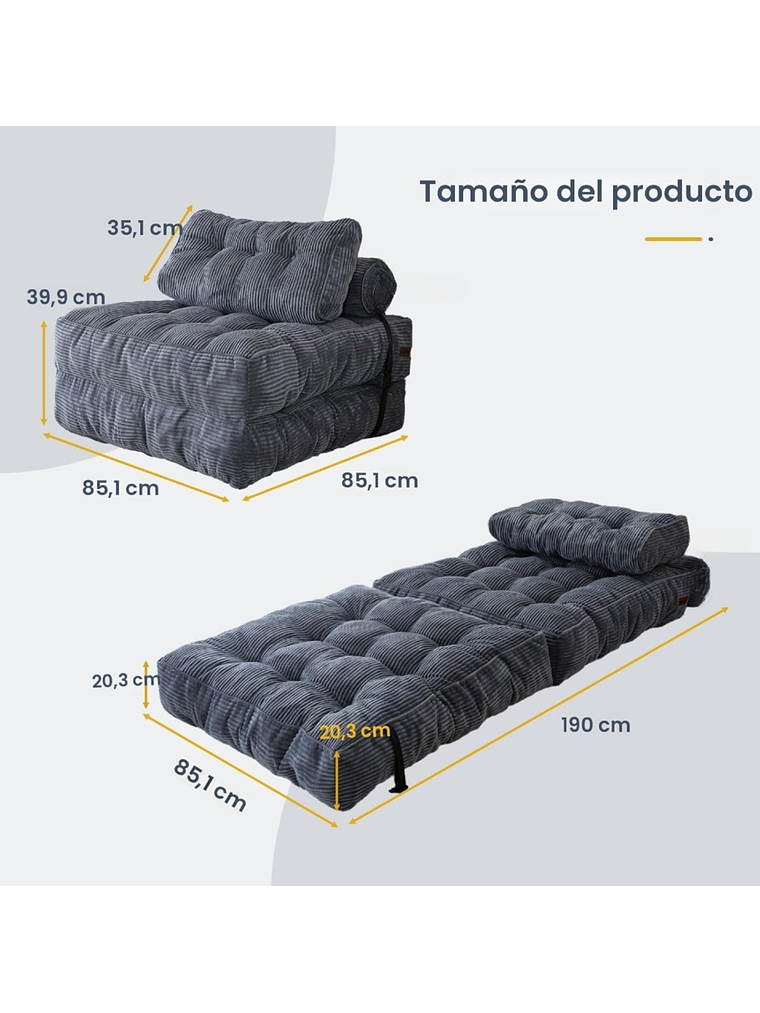 Silla Sofá Cama 190x85cm Puff Plegable Acolchada Hogar Gris 2