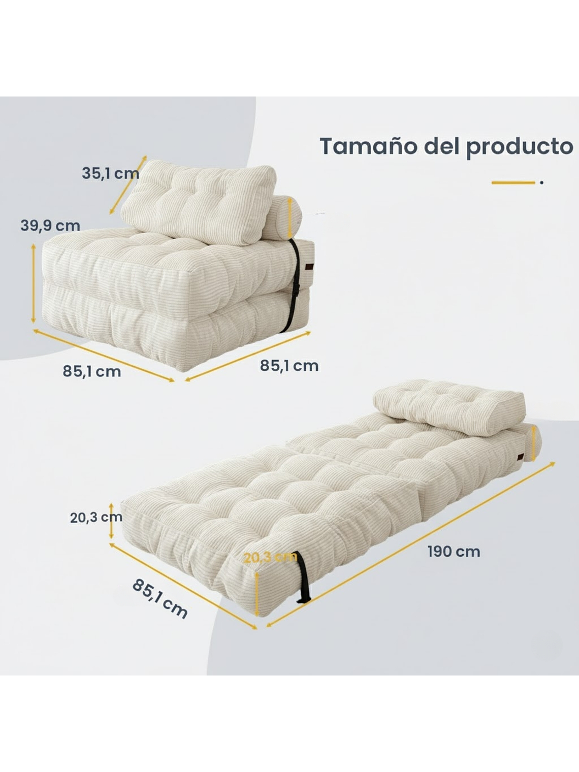 Silla Sofá Cama 190x85cm Puff Plegable Acolchada Hogar Beige 2