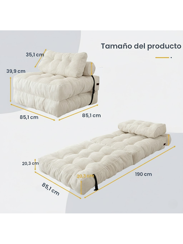Silla Sofá Cama 190x85cm Puff Plegable Acolchada Hogar Beige 2